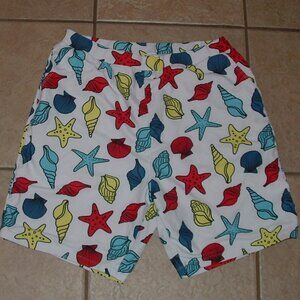 NEW Mens Sz Large Seashell Print Elastic Waist Fitted Swim Shorts Side Pockets